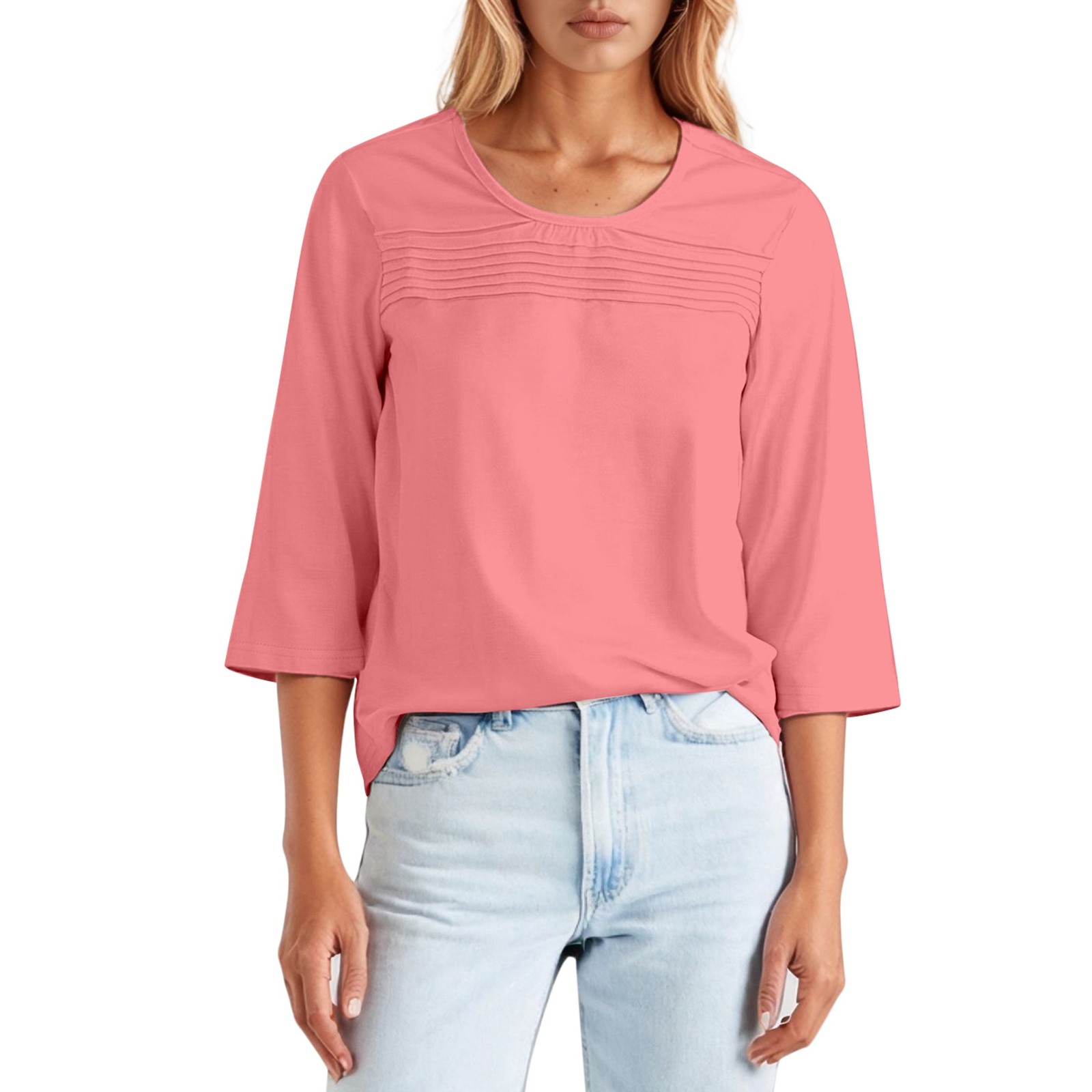 thumbnail image 1 of Camiseta con cuello redondo, manga 3/4 y pliegues en la parte delantera - Diseño plisado único, transpirable, versátil, 1 of 4